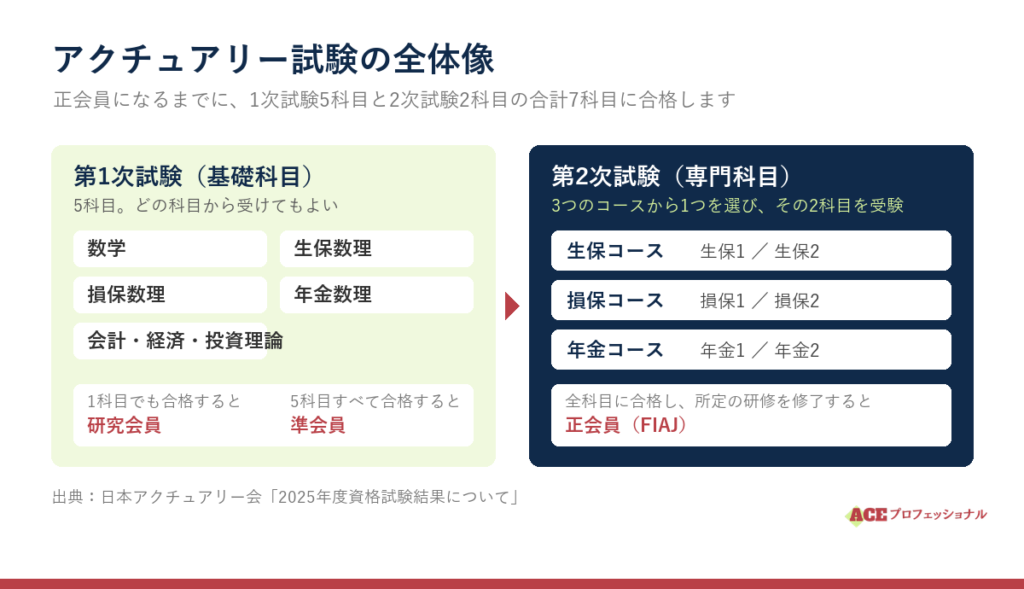 アクチュアリー試験の全体像。第1次試験は基礎科目5科目（数学、生保数理、損保数理、年金数理、会計・経済・投資理論）で、1科目合格で研究会員、5科目すべて合格で準会員。第2次試験は生保・損保・年金の3コースから1つを選びその2科目を受験する。全科目に合格し所定の研修を修了すると正会員になる。